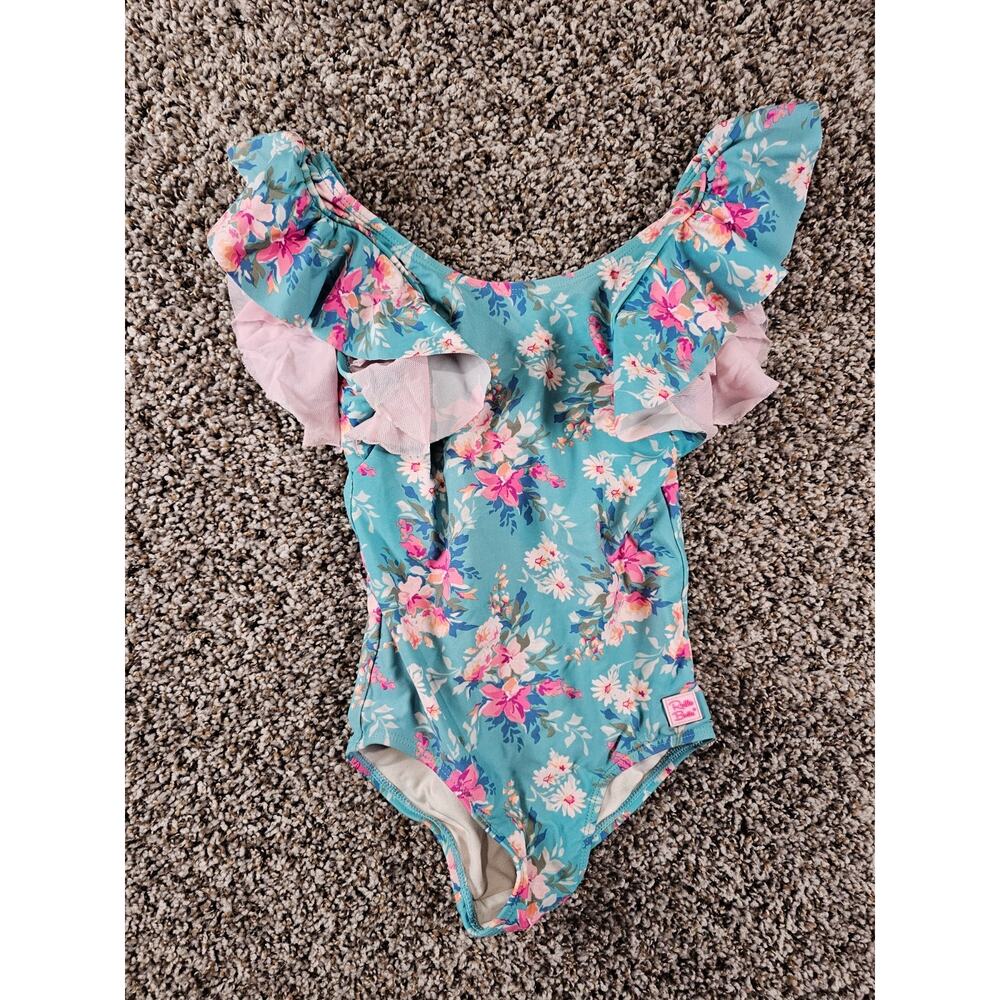 Ruffle Butts Girls Sz 6 One Piece Swimsuit Blue Pink Floral Bow Back